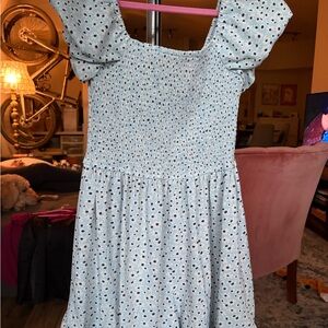 Light Blue Puff Sleeve Woman’s Dress with Navy Dot Print
